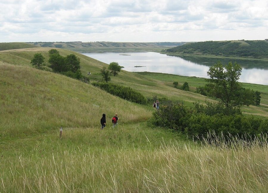 A docent-led hike group at a preserve overlook